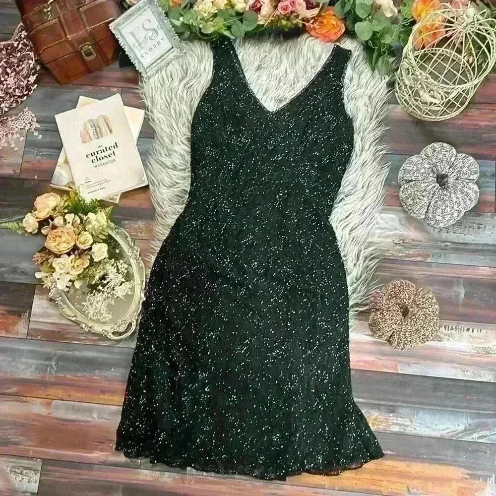 Vintage David’s Bridal Black Embellished A-line Beaded Sparkle Dress, 14